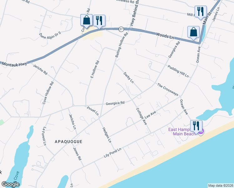 map of restaurants, bars, coffee shops, grocery stores, and more near 103 Georgica Road in East Hampton