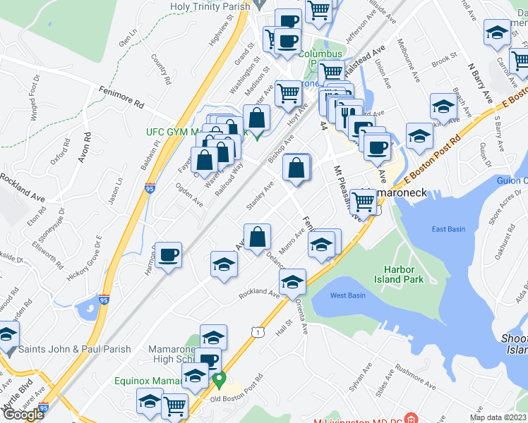 map of restaurants, bars, coffee shops, grocery stores, and more near 523 Palmer Avenue in Mamaroneck