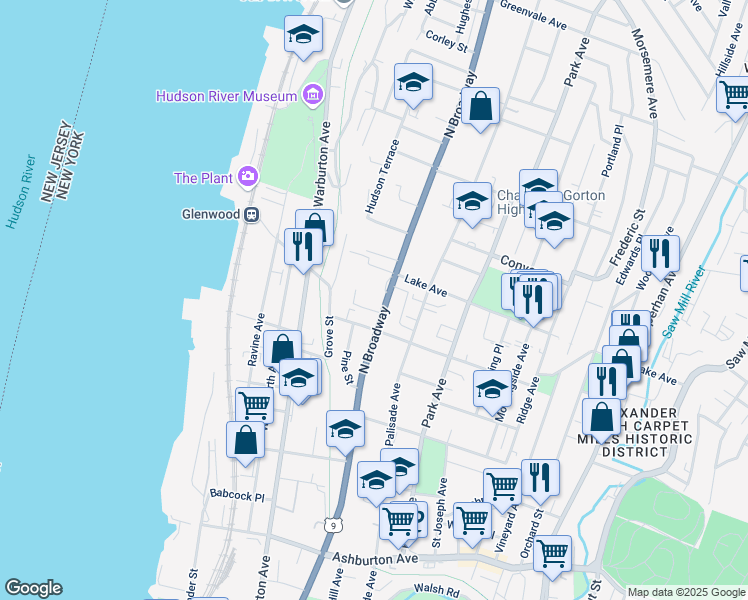 map of restaurants, bars, coffee shops, grocery stores, and more near 377 North Broadway in Yonkers