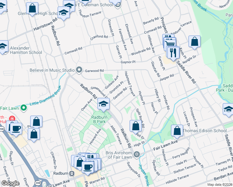 map of restaurants, bars, coffee shops, grocery stores, and more near 31-02 Grunstra Place in Fair Lawn