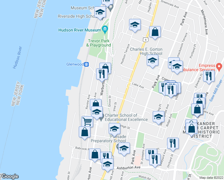 map of restaurants, bars, coffee shops, grocery stores, and more near 87 Glenwood Avenue in Yonkers