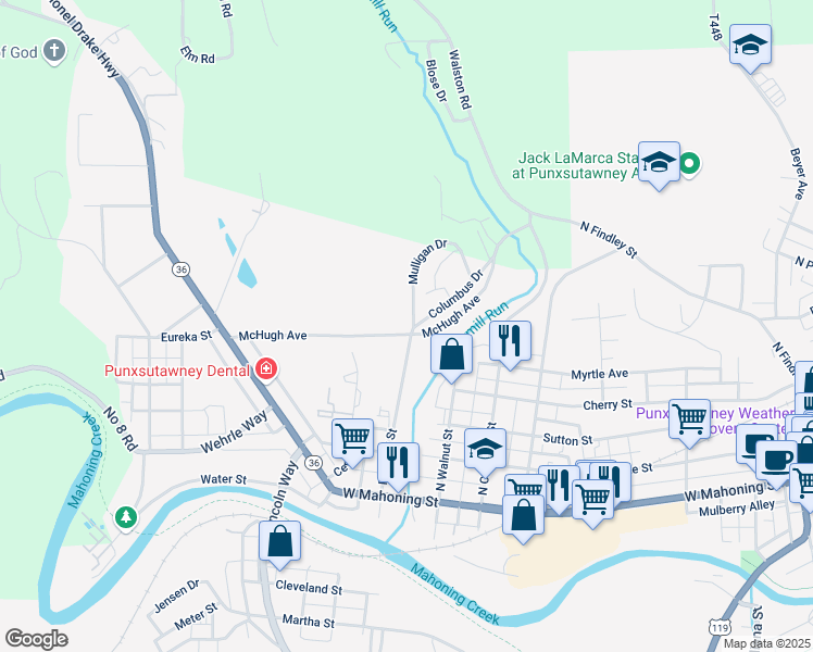 map of restaurants, bars, coffee shops, grocery stores, and more near 122-198 Mulligan Drive in Punxsutawney