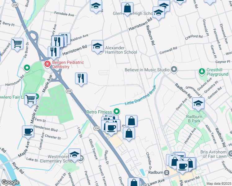 map of restaurants, bars, coffee shops, grocery stores, and more near 17-02 Nevins Road in Fair Lawn