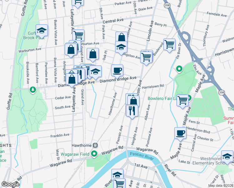 map of restaurants, bars, coffee shops, grocery stores, and more near 6 Midland Avenue in Hawthorne