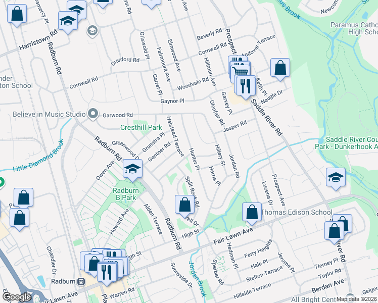 map of restaurants, bars, coffee shops, grocery stores, and more near 19-23 Hunter Place in Fair Lawn