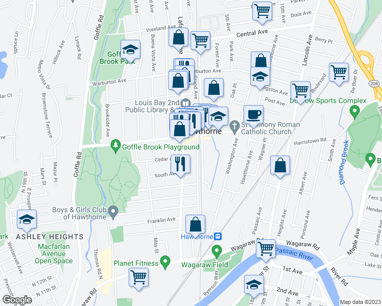 map of restaurants, bars, coffee shops, grocery stores, and more near 285 Lafayette Avenue in Hawthorne