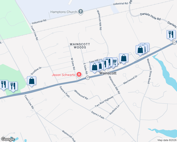 map of restaurants, bars, coffee shops, grocery stores, and more near 7 Bathgate Road in Wainscott