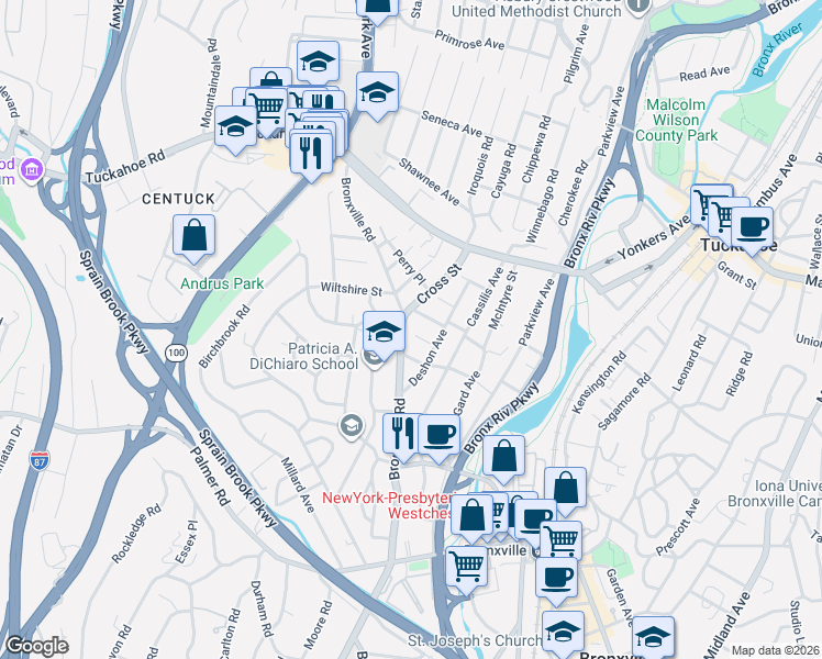 map of restaurants, bars, coffee shops, grocery stores, and more near 11 Cross Street in Yonkers
