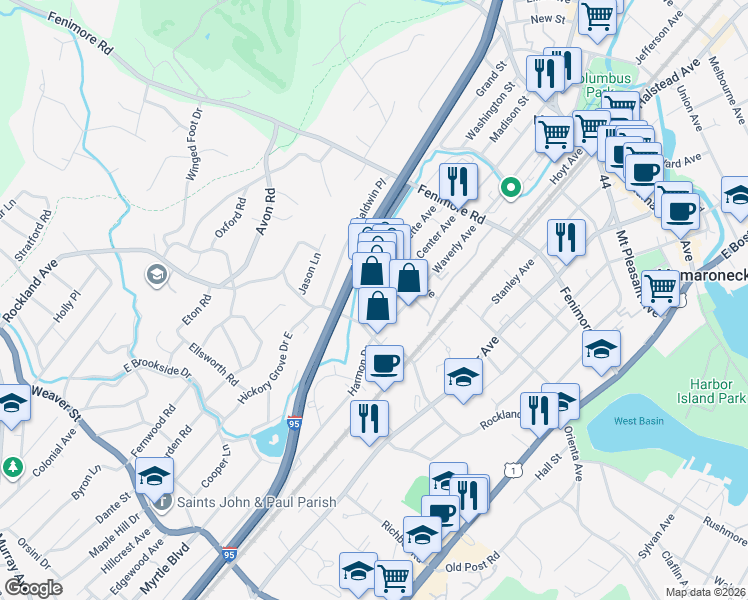 map of restaurants, bars, coffee shops, grocery stores, and more near 645 Fayette Avenue in Mamaroneck