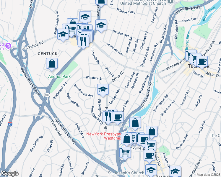 map of restaurants, bars, coffee shops, grocery stores, and more near 11 Cross Street in Yonkers