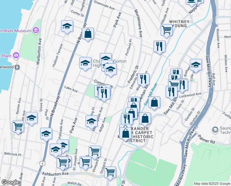 map of restaurants, bars, coffee shops, grocery stores, and more near 169 Voss Avenue in Yonkers
