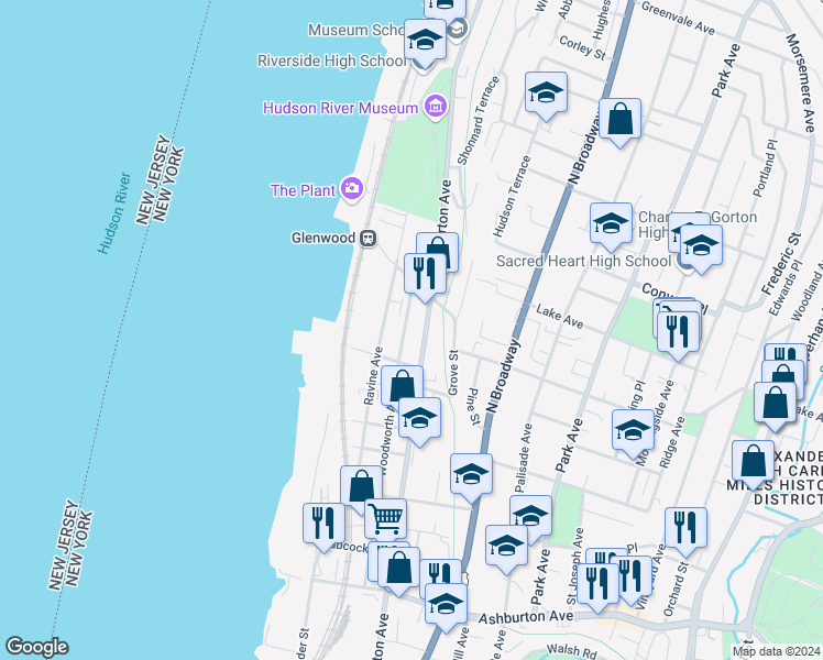 map of restaurants, bars, coffee shops, grocery stores, and more near 140 Ravine Avenue in Yonkers
