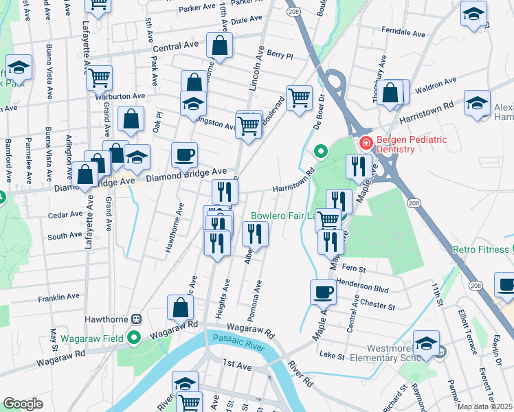 map of restaurants, bars, coffee shops, grocery stores, and more near 23 Harristown Road in Fair Lawn