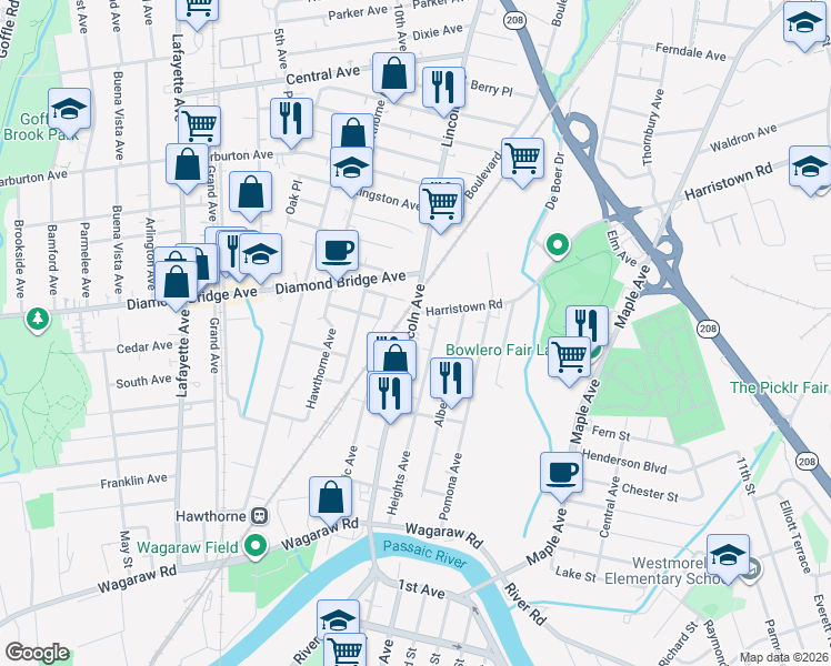 map of restaurants, bars, coffee shops, grocery stores, and more near 178 Lincoln Avenue in Hawthorne