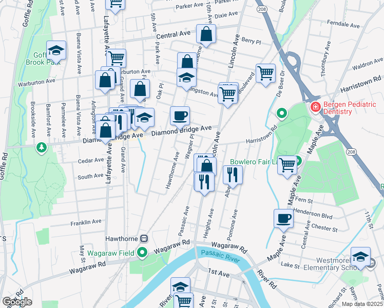 map of restaurants, bars, coffee shops, grocery stores, and more near 15 Midland Avenue in Hawthorne
