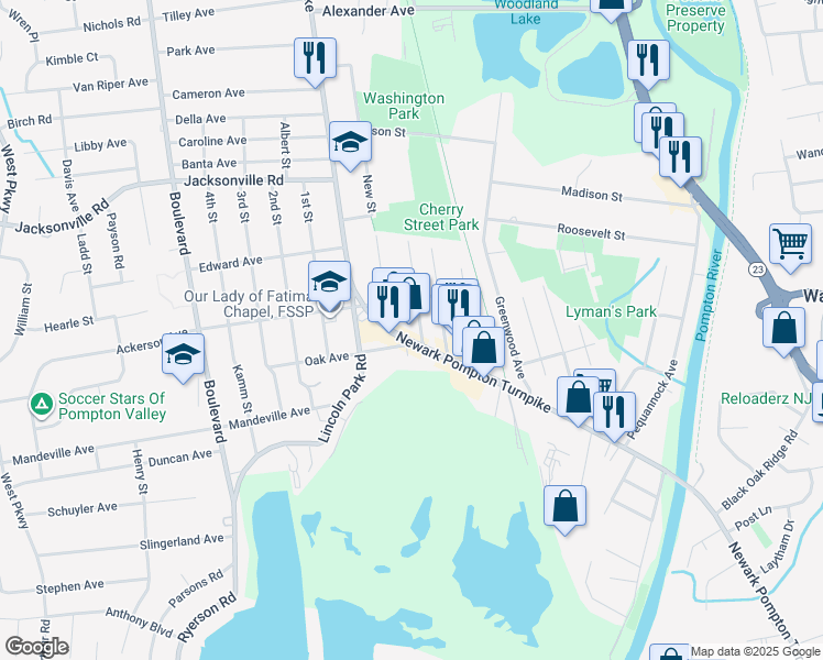 map of restaurants, bars, coffee shops, grocery stores, and more near 10 East Franklin Avenue in Pequannock Township