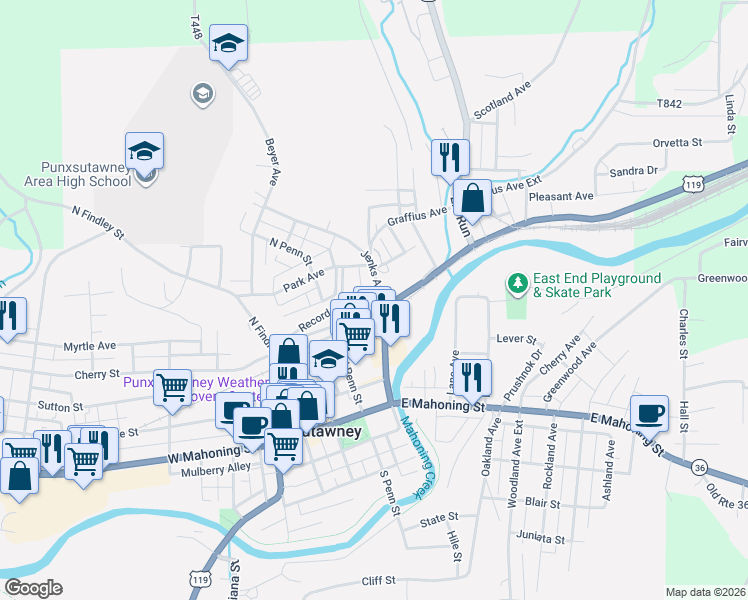 map of restaurants, bars, coffee shops, grocery stores, and more near in Punxsutawney