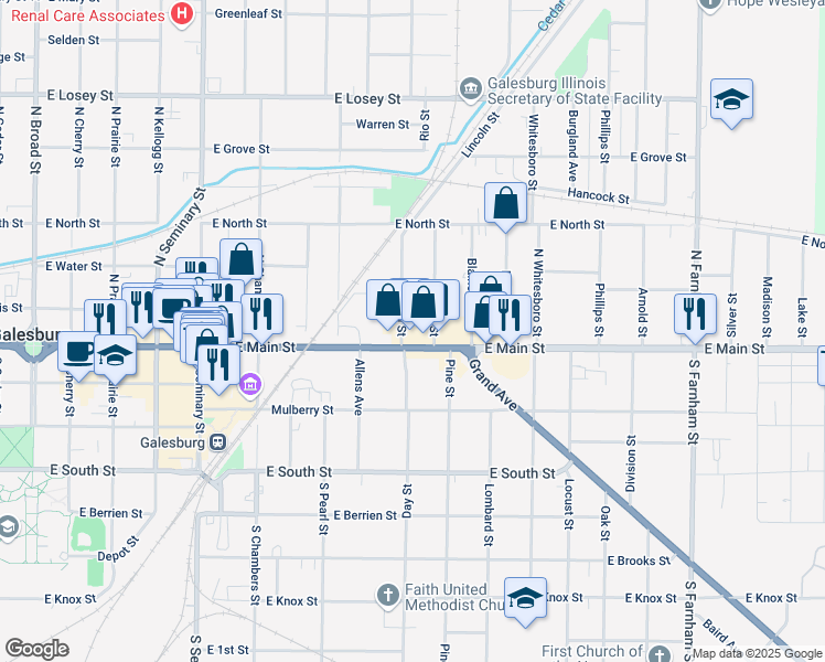 map of restaurants, bars, coffee shops, grocery stores, and more near 106 Lincoln Street in Galesburg