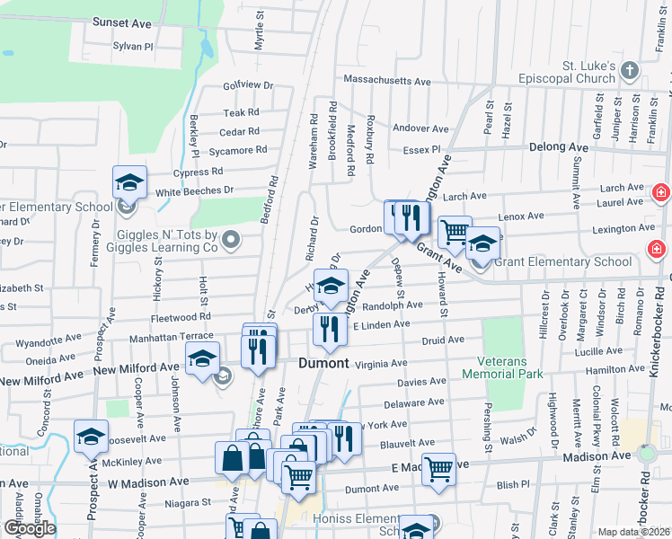 map of restaurants, bars, coffee shops, grocery stores, and more near 34 Huntting Drive in Dumont