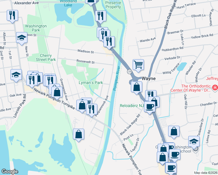 map of restaurants, bars, coffee shops, grocery stores, and more near 26 Oakwood Avenue in Pequannock Township