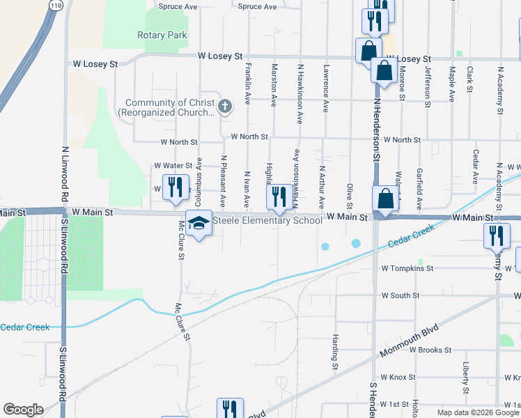 map of restaurants, bars, coffee shops, grocery stores, and more near 97 Highland Avenue in Galesburg