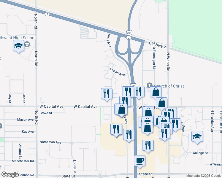 map of restaurants, bars, coffee shops, grocery stores, and more near 2600 Brennen Lane in Grand Island