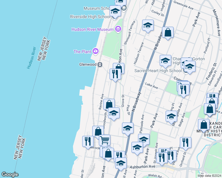 map of restaurants, bars, coffee shops, grocery stores, and more near 290 Woodworth Avenue in Yonkers