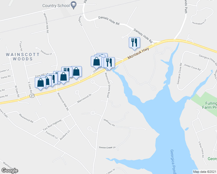 map of restaurants, bars, coffee shops, grocery stores, and more near 4 Fernwood Road in Wainscott