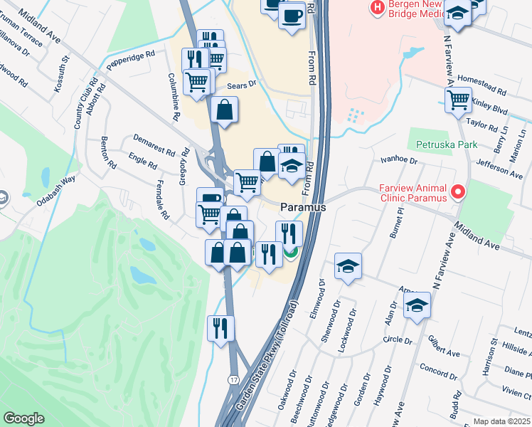 map of restaurants, bars, coffee shops, grocery stores, and more near 36 East Midland Avenue in Paramus