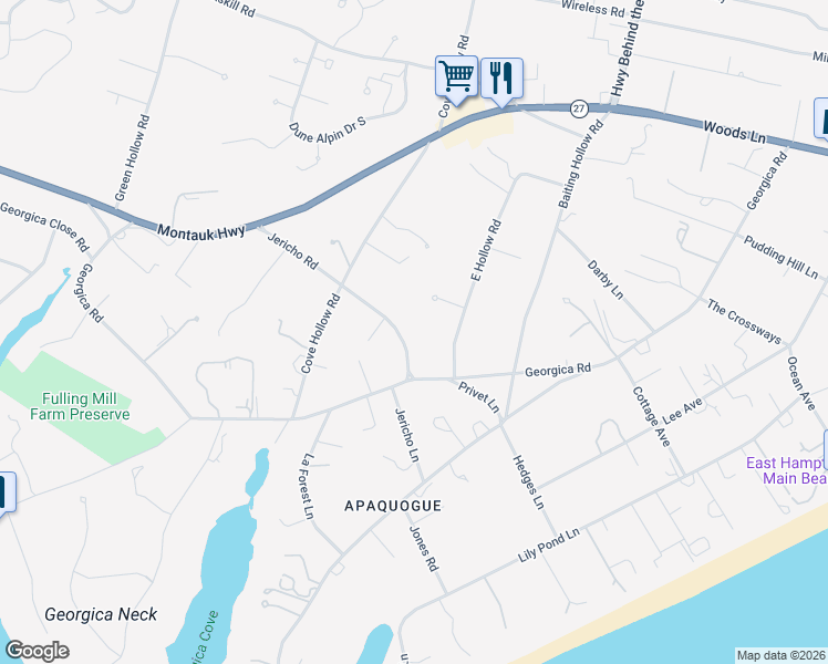 map of restaurants, bars, coffee shops, grocery stores, and more near 73 Jericho Lane in East Hampton