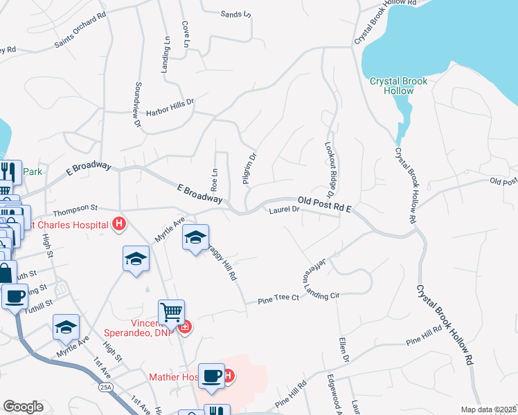 map of restaurants, bars, coffee shops, grocery stores, and more near 23 Old Post Road East in Port Jefferson