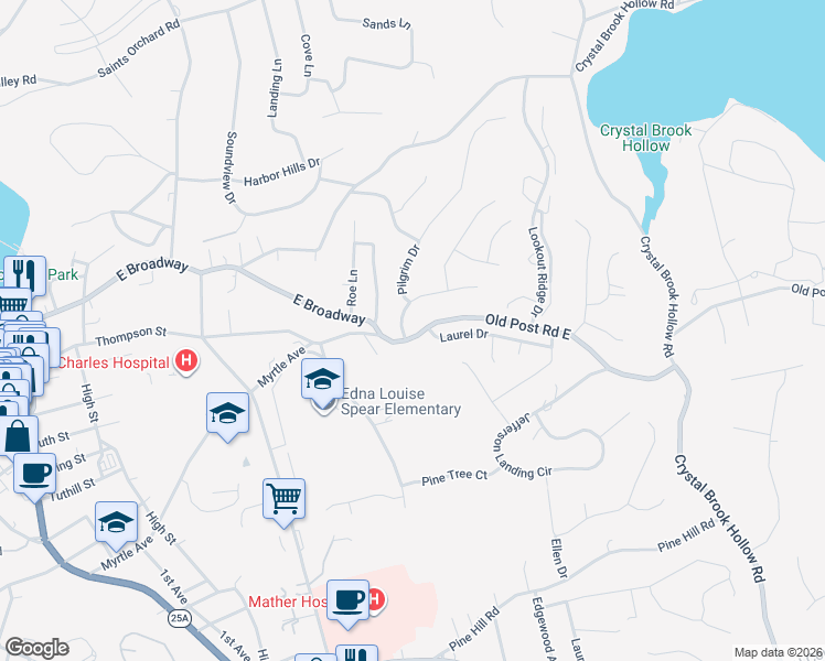 map of restaurants, bars, coffee shops, grocery stores, and more near 23 Old Post Road East in Port Jefferson