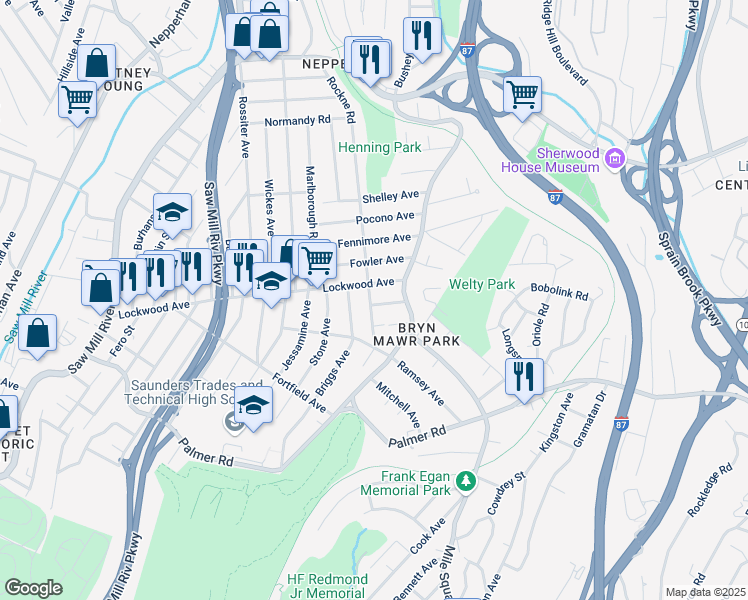 map of restaurants, bars, coffee shops, grocery stores, and more near 193 Lockwood Avenue in Yonkers