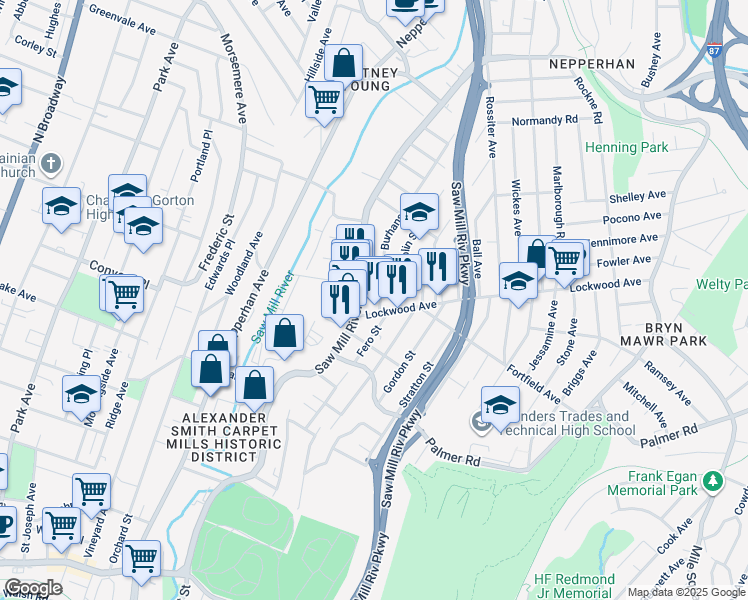 map of restaurants, bars, coffee shops, grocery stores, and more near 341 New York 9A in Yonkers