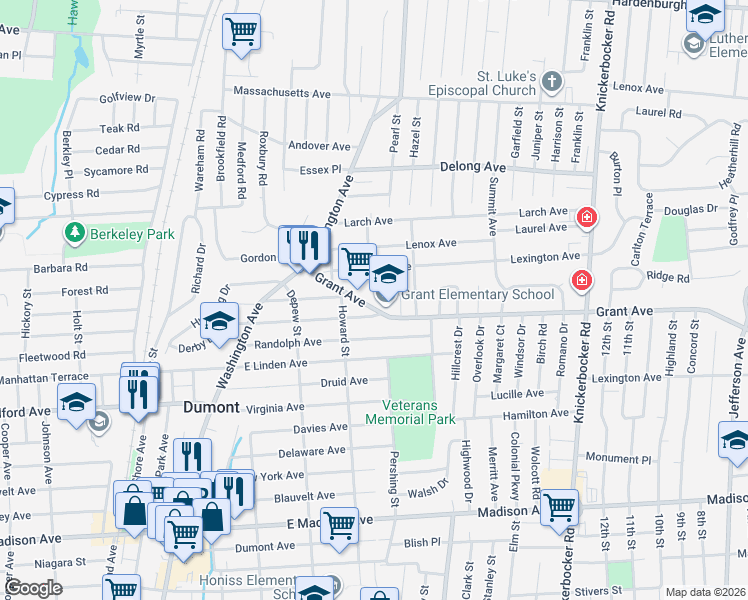 map of restaurants, bars, coffee shops, grocery stores, and more near 38 Grant Avenue in Dumont