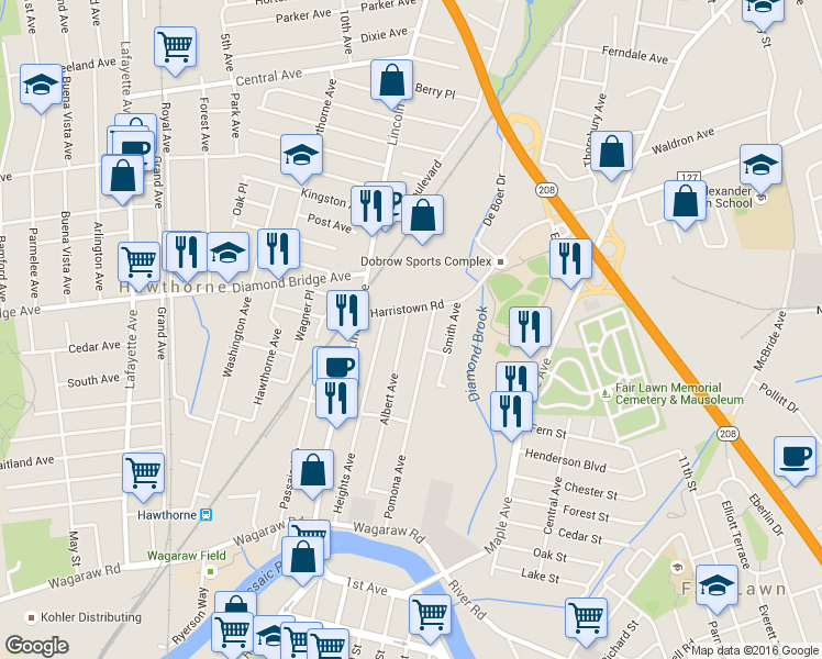 map of restaurants, bars, coffee shops, grocery stores, and more near 23 Harristown Road in Fair Lawn