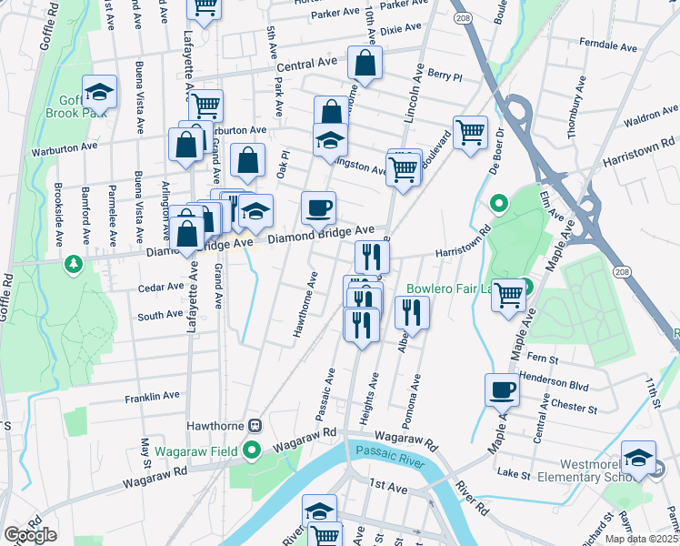 map of restaurants, bars, coffee shops, grocery stores, and more near 15 Midland Avenue in Hawthorne