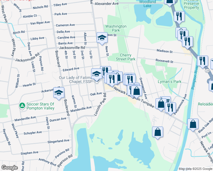 map of restaurants, bars, coffee shops, grocery stores, and more near 161 Lincoln Park Road in Pequannock Township