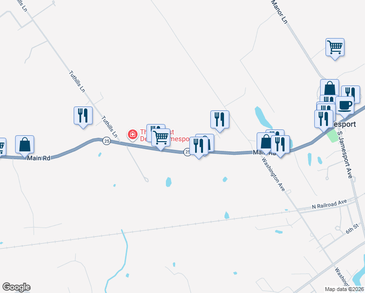 map of restaurants, bars, coffee shops, grocery stores, and more near 1246 West Main Street in Riverhead