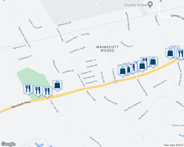 map of restaurants, bars, coffee shops, grocery stores, and more near 20 Clyden Road in Wainscott