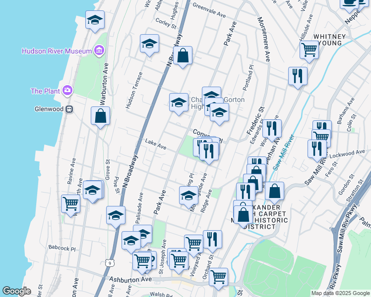 map of restaurants, bars, coffee shops, grocery stores, and more near 75 Lake Avenue in Yonkers