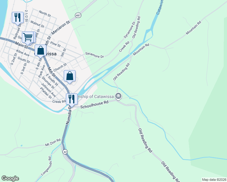 map of restaurants, bars, coffee shops, grocery stores, and more near 118 Old Reading Rd in Catawissa