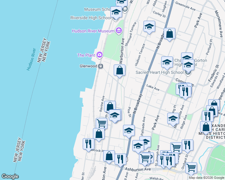map of restaurants, bars, coffee shops, grocery stores, and more near 140 Ravine Avenue in Yonkers