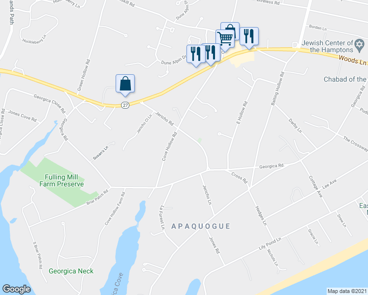 map of restaurants, bars, coffee shops, grocery stores, and more near 62 Jericho Road in East Hampton