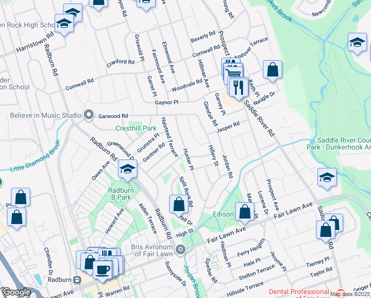 map of restaurants, bars, coffee shops, grocery stores, and more near 19-23 Hunter Place in Fair Lawn