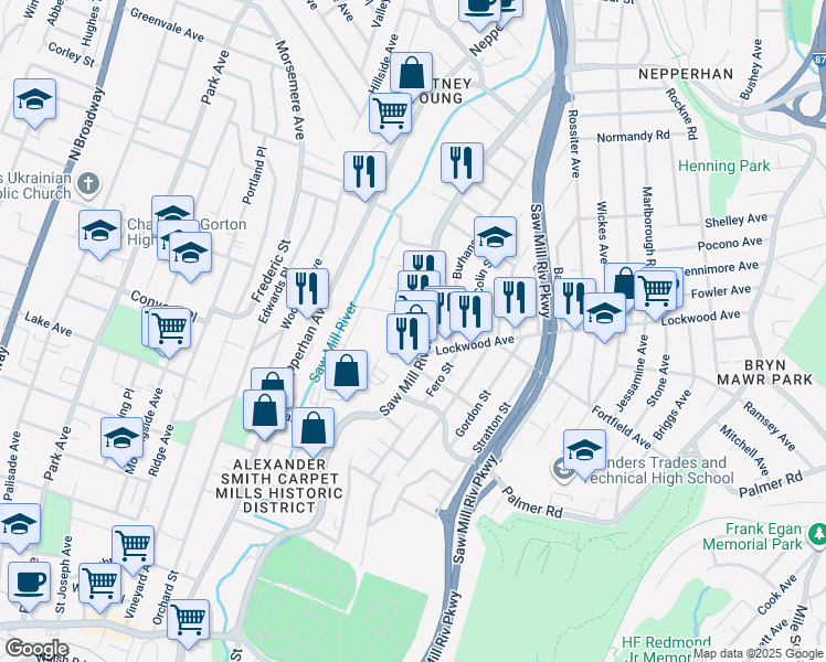 map of restaurants, bars, coffee shops, grocery stores, and more near 341 New York 9A in Yonkers