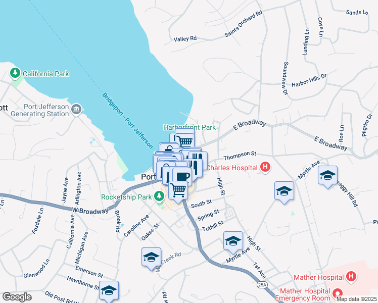 map of restaurants, bars, coffee shops, grocery stores, and more near 101 East Broadway in Port Jefferson