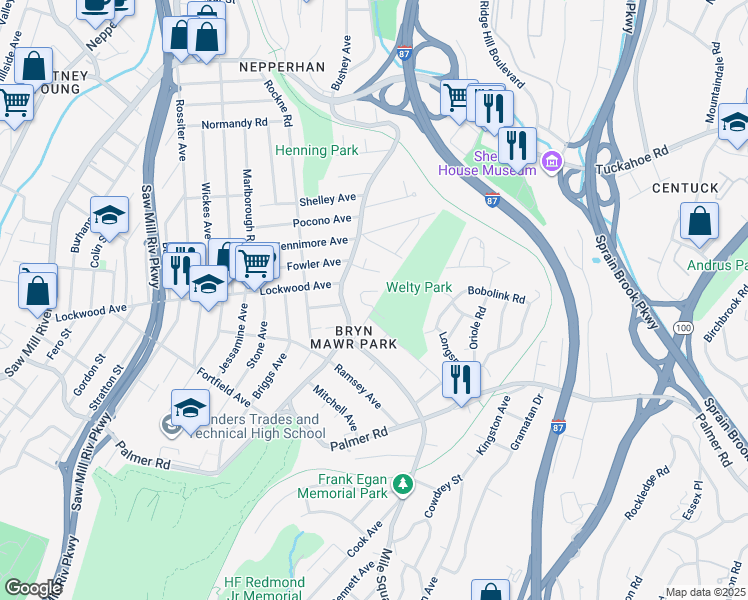 map of restaurants, bars, coffee shops, grocery stores, and more near 31 Victoria Lane in Yonkers
