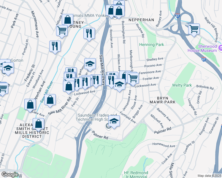 map of restaurants, bars, coffee shops, grocery stores, and more near 7 Rossiter Avenue in Yonkers