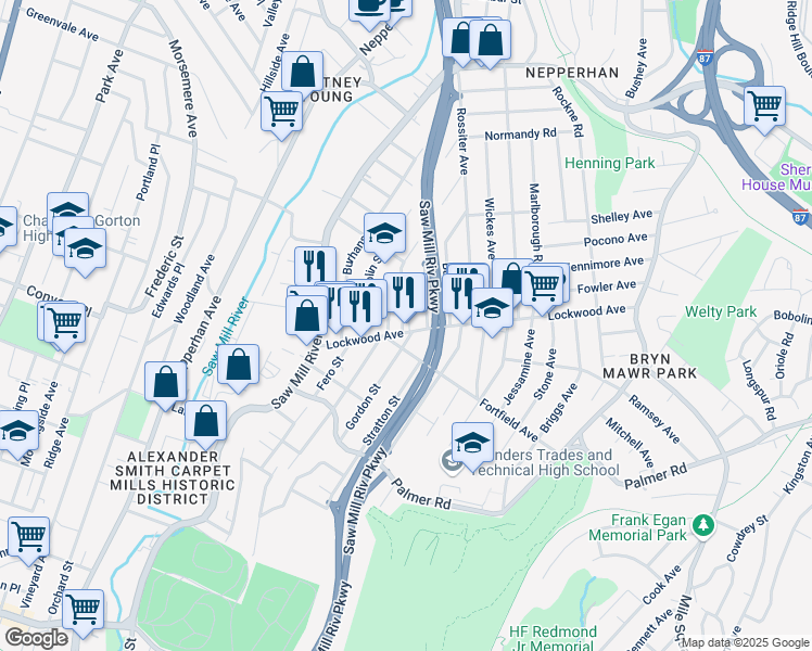 map of restaurants, bars, coffee shops, grocery stores, and more near 17 South Nichols Avenue in Yonkers